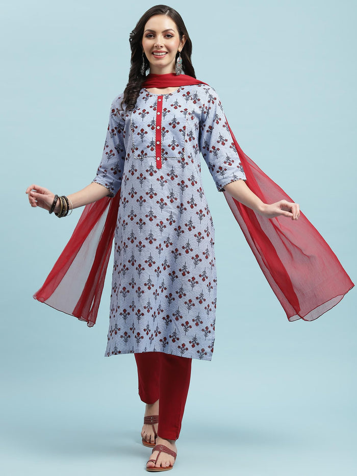 Indiessence Blue Floral Printed Kurta Trouser Dupatta.