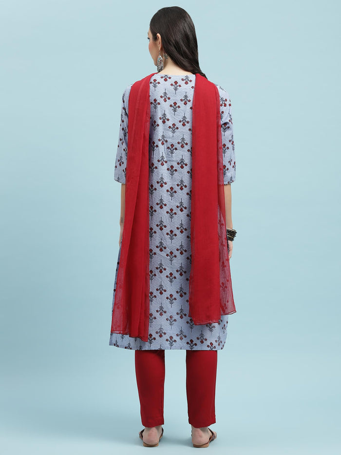 Indiessence Blue Floral Printed Kurta Trouser Dupatta.