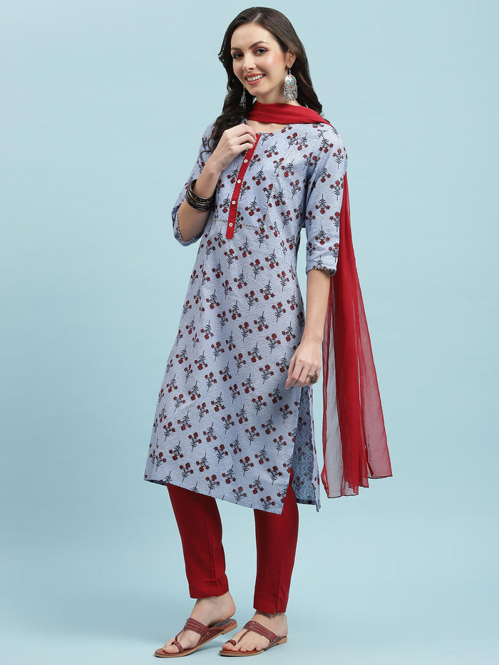 Indiessence Blue Floral Printed Kurta Trouser Dupatta.