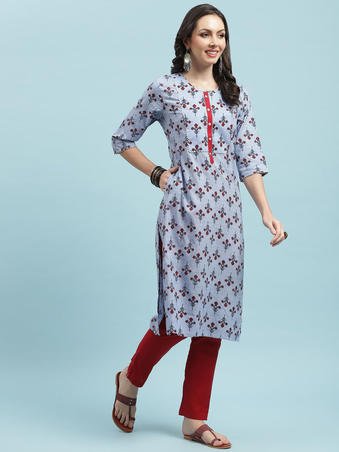 Indiessence Blue Floral Printed Kurta Trouser Dupatta.