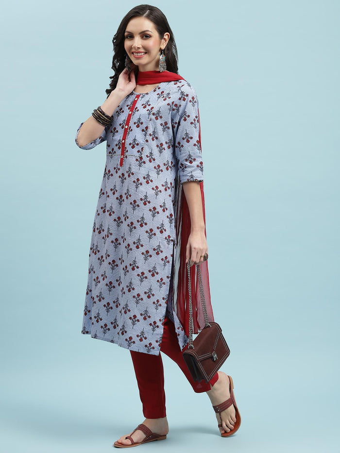 Indiessence Blue Floral Printed Kurta Trouser Dupatta.