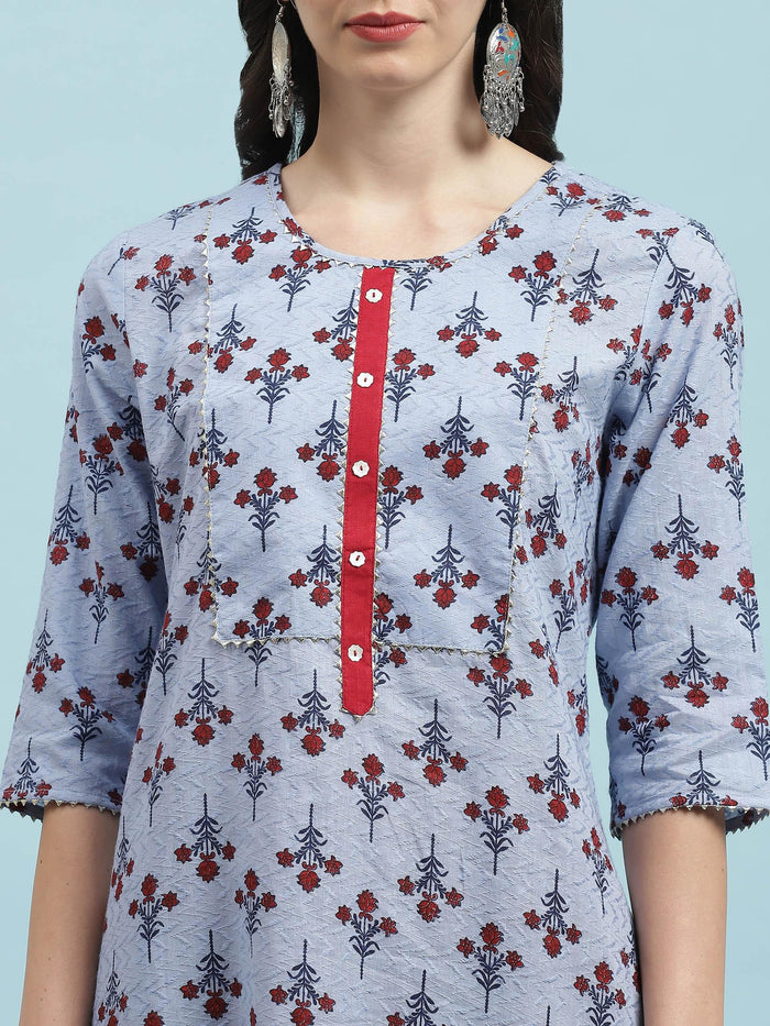 Indiessence Blue Floral Printed Kurta Trouser Dupatta.