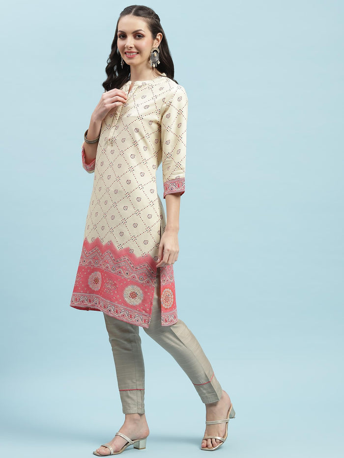 Indiessence (Buy 2 @ 499) Beige Ornamental Printed Kurta.