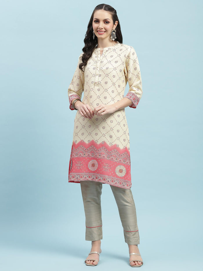Indiessence (Buy 2 @ 499) Beige Ornamental Printed Kurta.