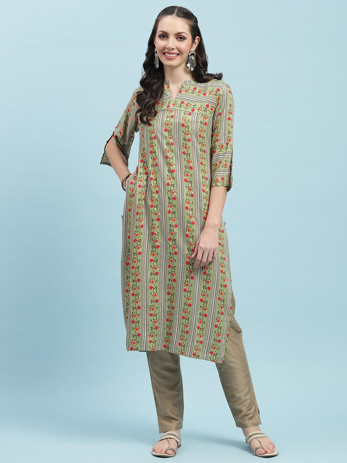 Indiessence (Buy 2 @ 499) Green Floral Printed Kurta.