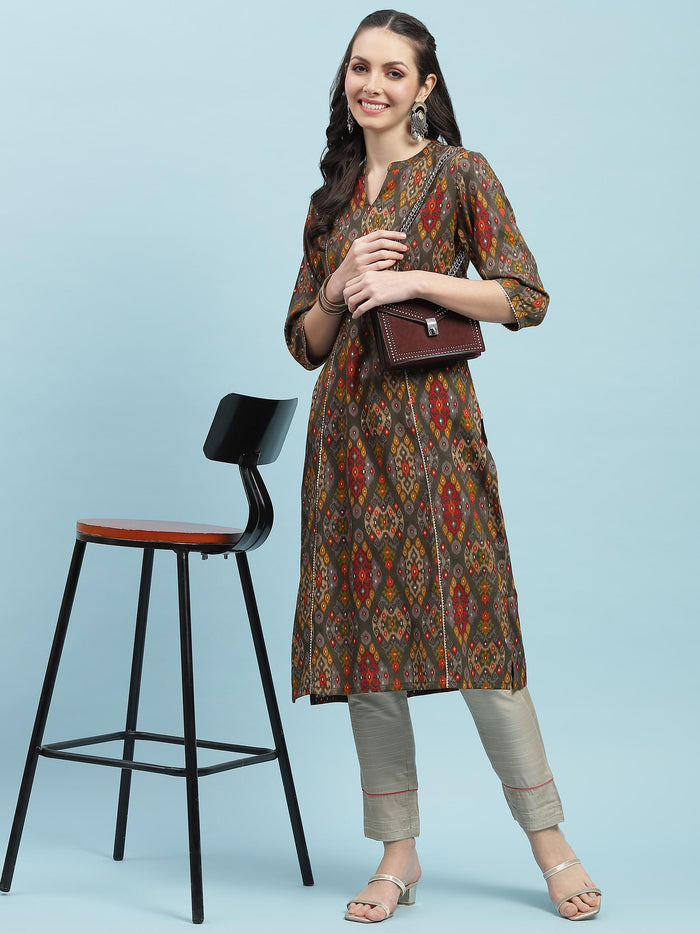 Indiessence (Buy 2 @ 499) Grey Aztec Printed Kurta.