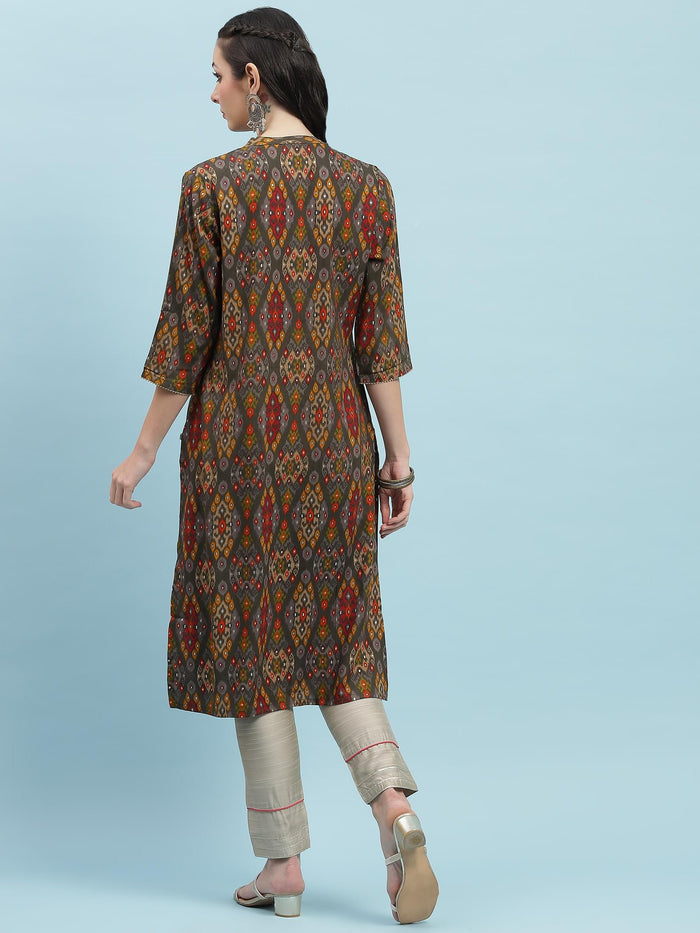 Indiessence (Buy 2 @ 499) Grey Aztec Printed Kurta.