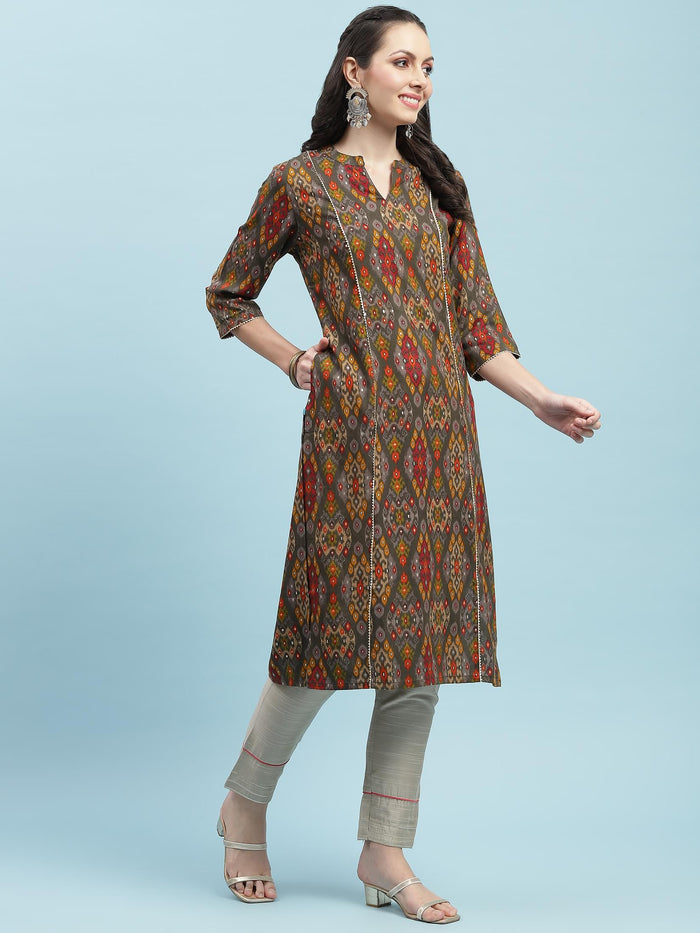 Indiessence (Buy 2 @ 499) Grey Aztec Printed Kurta.