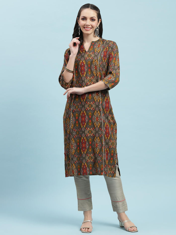 Indiessence (Buy 2 @ 499) Grey Aztec Printed Kurta.