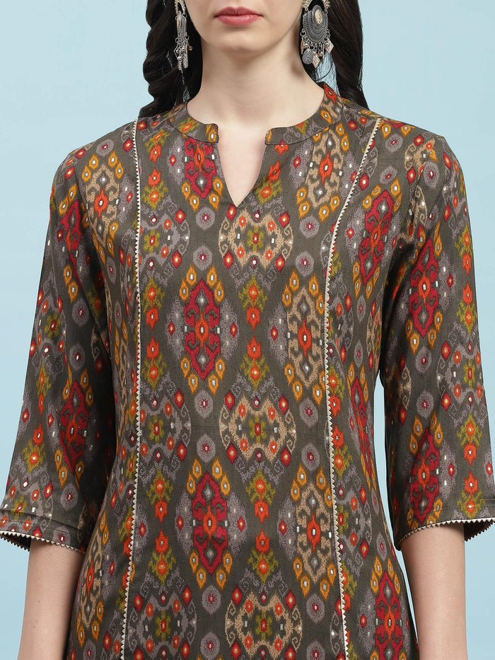 Indiessence (Buy 2 @ 499) Grey Aztec Printed Kurta.