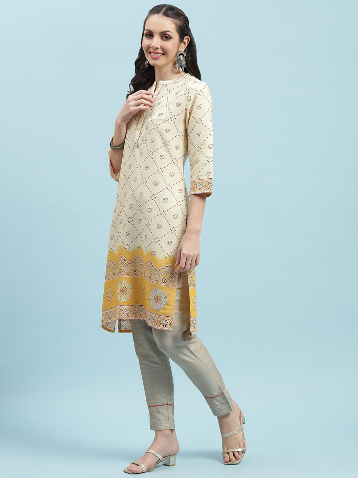 Indiessence (Buy 2 @ 499) Mustard Ornamental Printed Kurta.