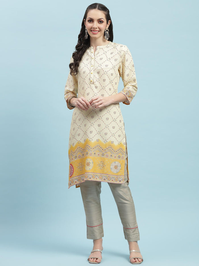 Indiessence (Buy 2 @ 499) Mustard Ornamental Printed Kurta.