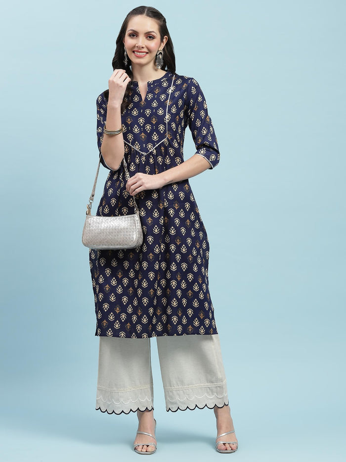 Indiessence (Buy 2 @ 499) Navy Blue Floral Cotton Kurta.