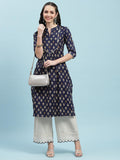 Indiessence (Buy 2 @ 499) Navy Blue Floral Cotton Kurta.