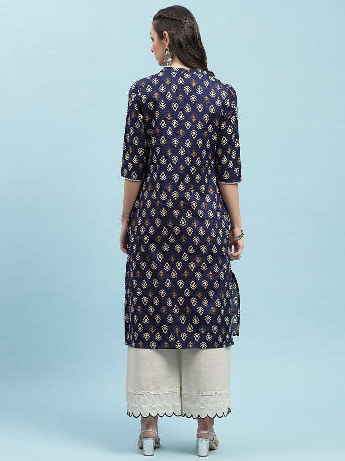 Indiessence (Buy 2 @ 499) Navy Blue Floral Cotton Kurta.