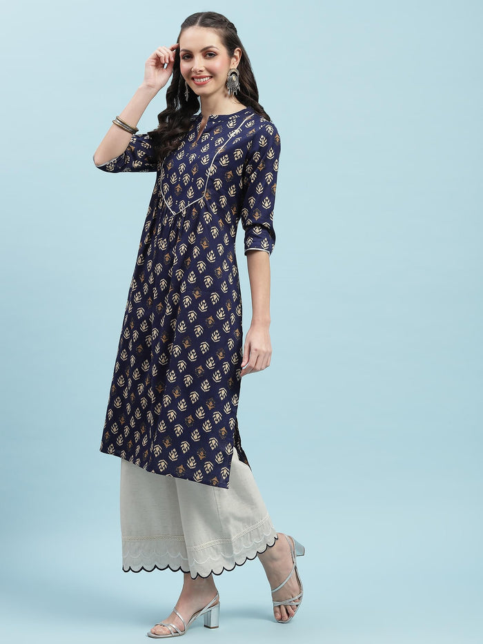 Indiessence (Buy 2 @ 499) Navy Blue Floral Cotton Kurta.