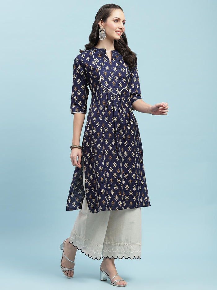 Indiessence (Buy 2 @ 499) Navy Blue Floral Cotton Kurta.