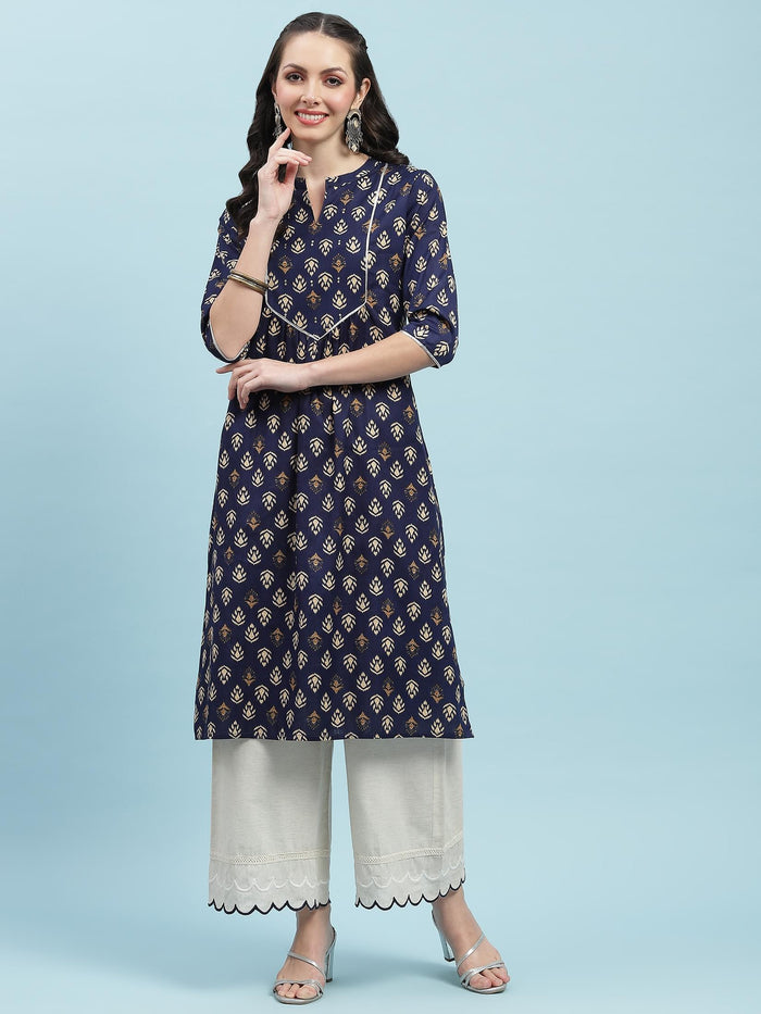 Indiessence (Buy 2 @ 499) Navy Blue Floral Cotton Kurta.