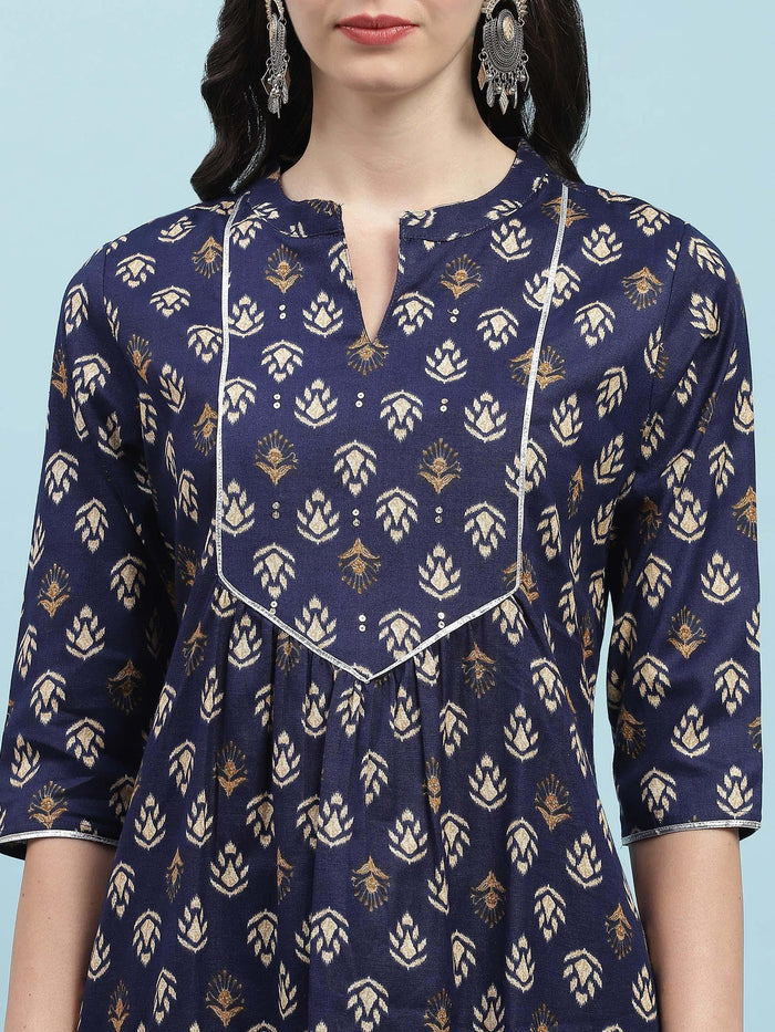 Indiessence (Buy 2 @ 499) Navy Blue Floral Cotton Kurta.
