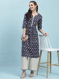 Indiessence (Buy 2 @ 499) Navy Blue Ikat Printed Kurta.