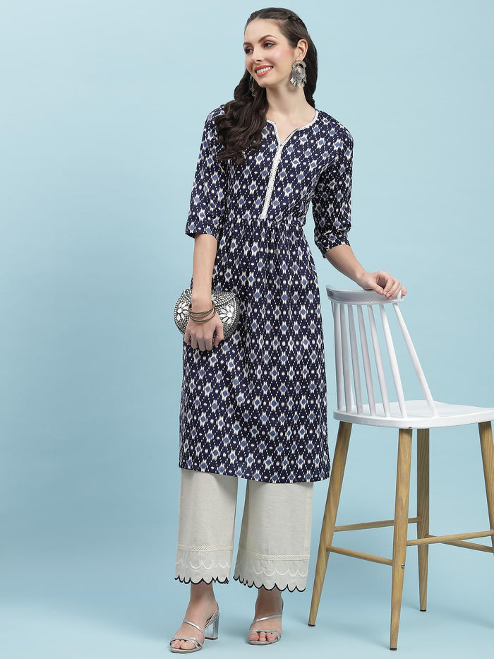 Indiessence (Buy 2 @ 499) Navy Blue Ikat Printed Kurta.