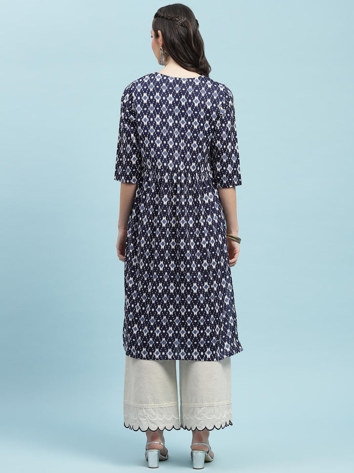 Indiessence (Buy 2 @ 499) Navy Blue Ikat Printed Kurta.