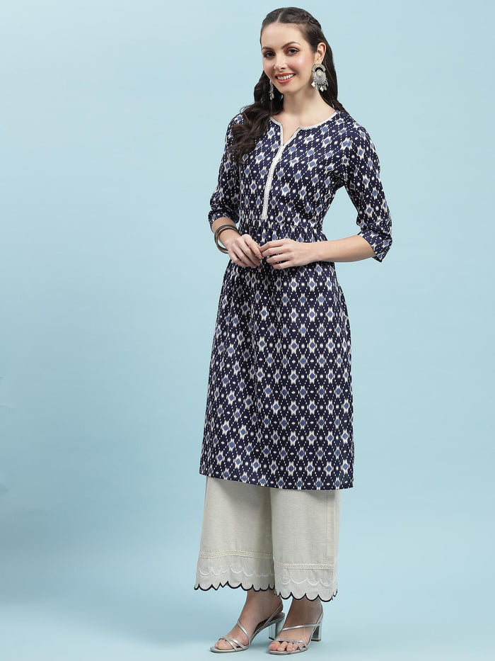 Indiessence (Buy 2 @ 499) Navy Blue Ikat Printed Kurta.