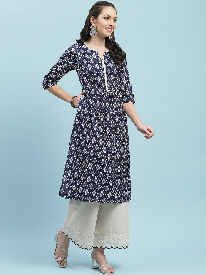 Indiessence (Buy 2 @ 499) Navy Blue Ikat Printed Kurta.