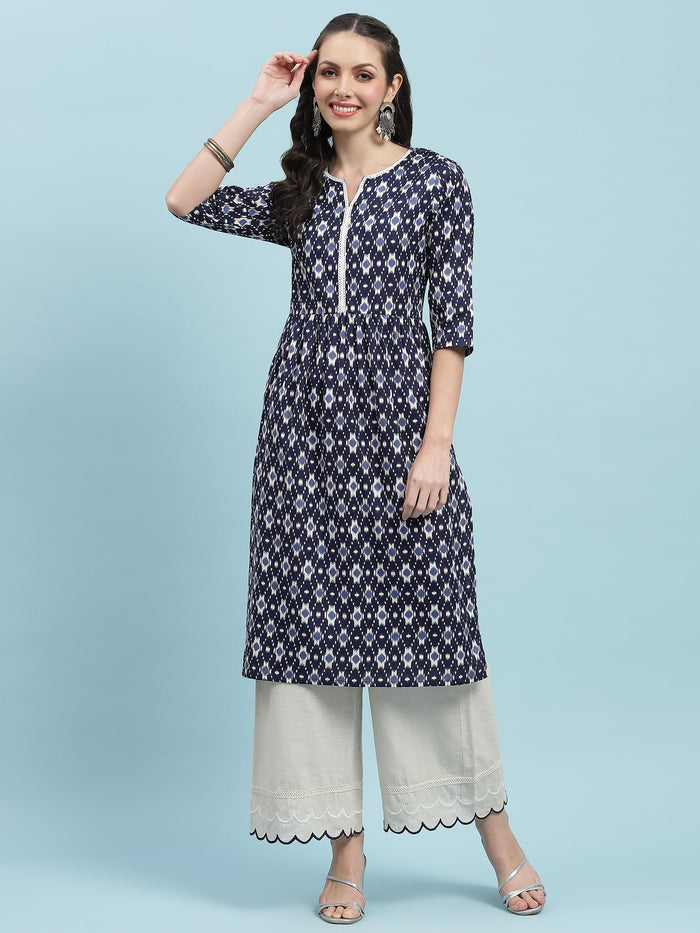 Indiessence (Buy 2 @ 499) Navy Blue Ikat Printed Kurta.
