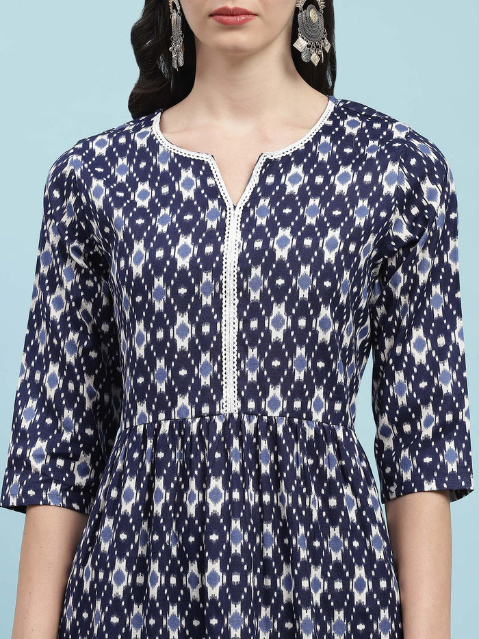 Indiessence (Buy 2 @ 499) Navy Blue Ikat Printed Kurta.