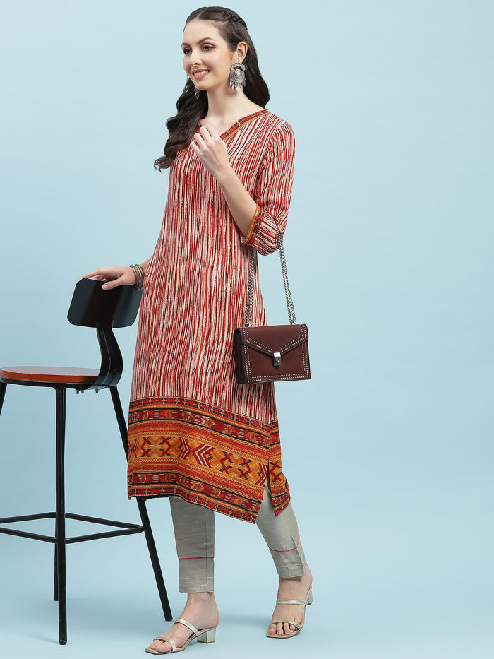 Indiessence (Buy 2 @ 499) Red Stripe Printed Kurta.