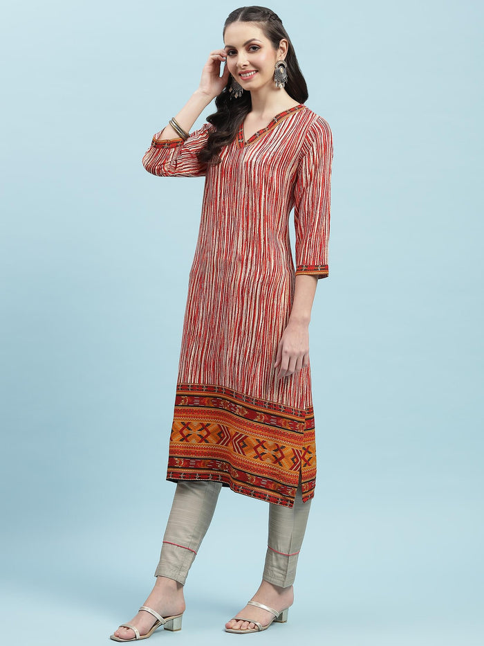 Indiessence (Buy 2 @ 499) Red Stripe Printed Kurta.