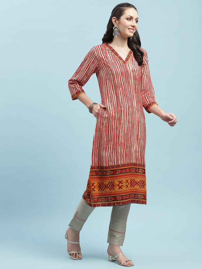 Indiessence (Buy 2 @ 499) Red Stripe Printed Kurta.