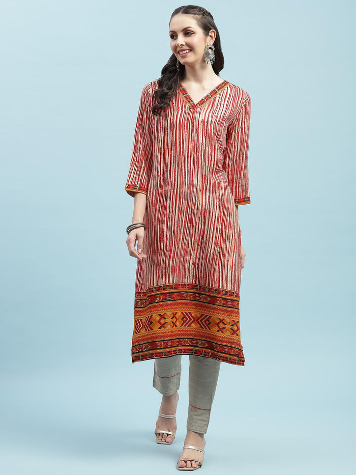 Indiessence (Buy 2 @ 499) Red Stripe Printed Kurta.