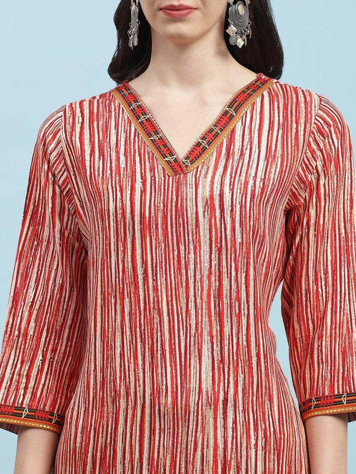Indiessence (Buy 2 @ 499) Red Stripe Printed Kurta.