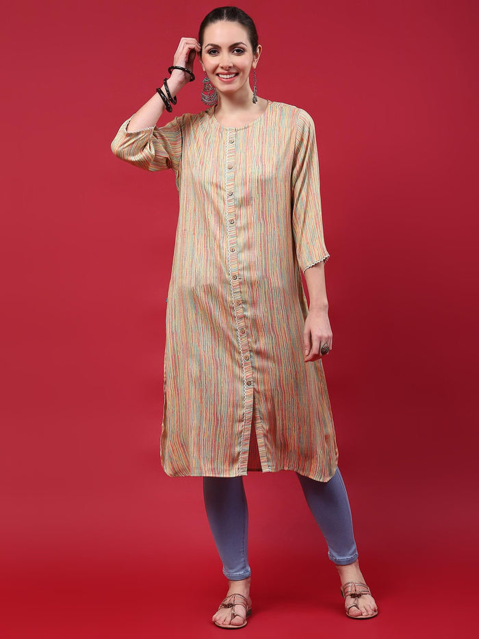 Indiessence (Buy 2 @ 499) Women Beige Stripe Printed Kurta.