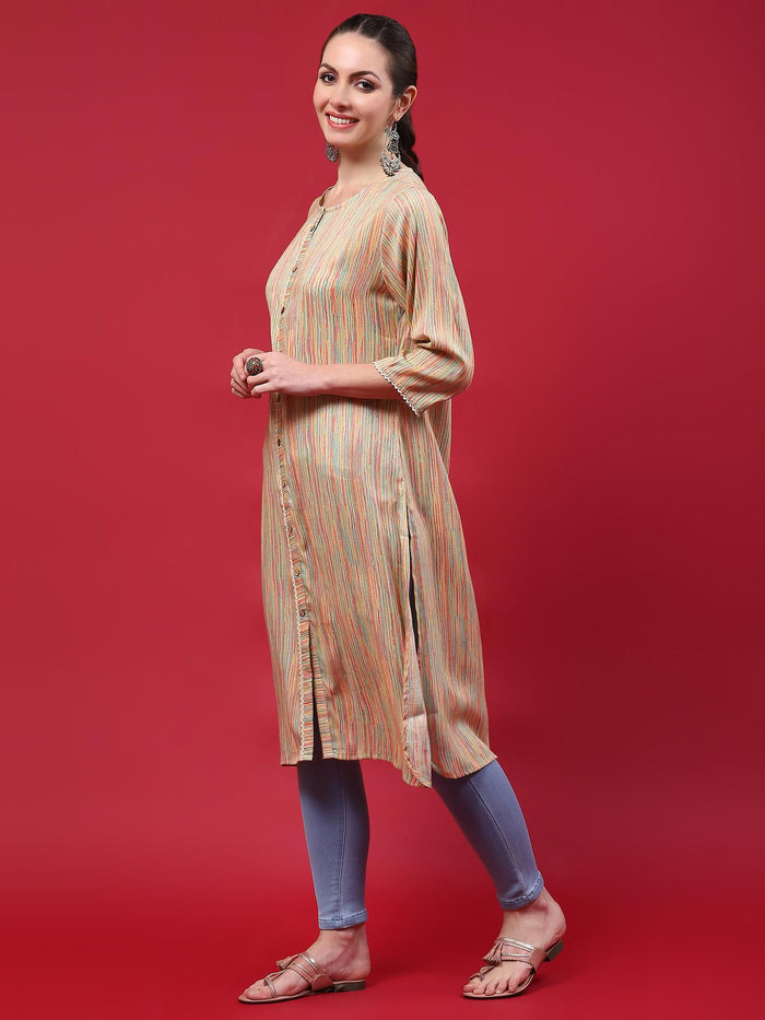 Indiessence (Buy 2 @ 499) Women Beige Stripe Printed Kurta.