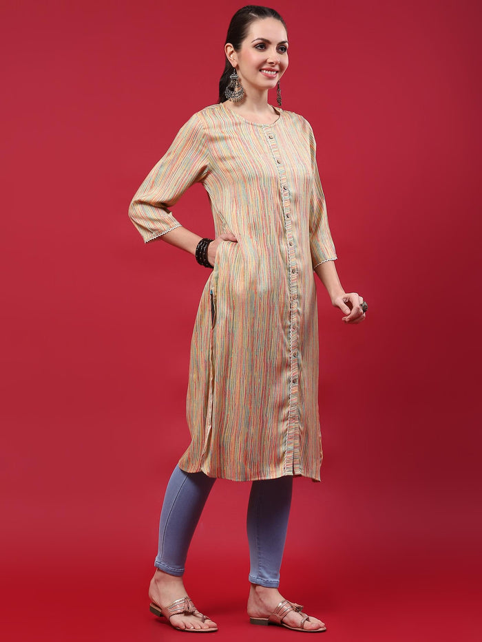 Indiessence (Buy 2 @ 499) Women Beige Stripe Printed Kurta.
