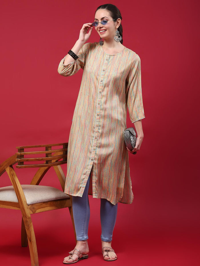 Indiessence (Buy 2 @ 499) Women Beige Stripe Printed Kurta.