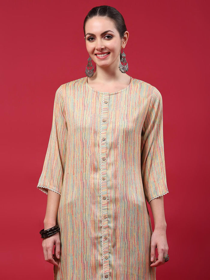 Indiessence (Buy 2 @ 499) Women Beige Stripe Printed Kurta.