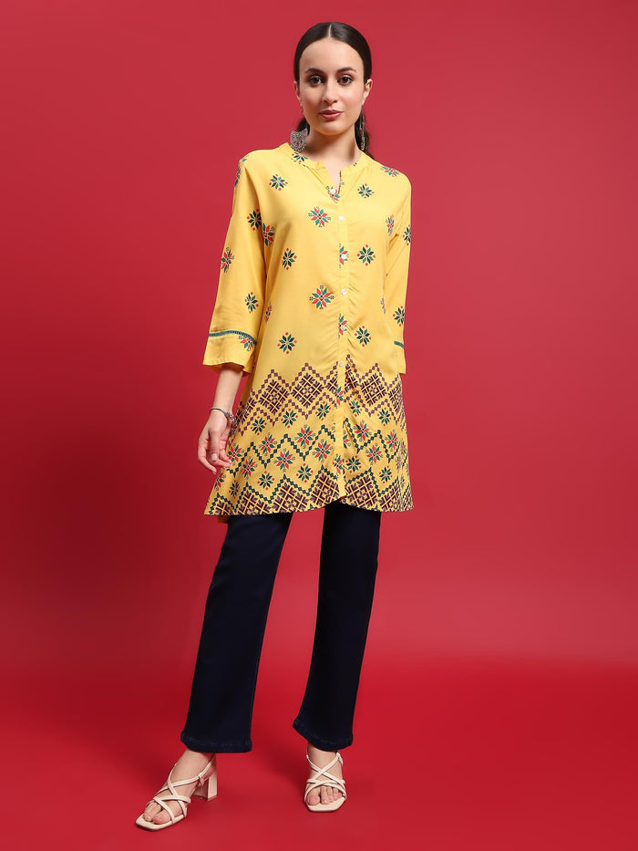 Indiessence (Buy 2 @ 499) Women Liva (Rayon) Yellow Geometric Print Tunic.