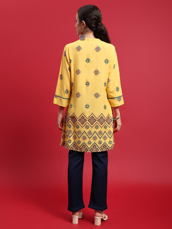 Indiessence (Buy 2 @ 499) Women Liva (Rayon) Yellow Geometric Print Tunic.