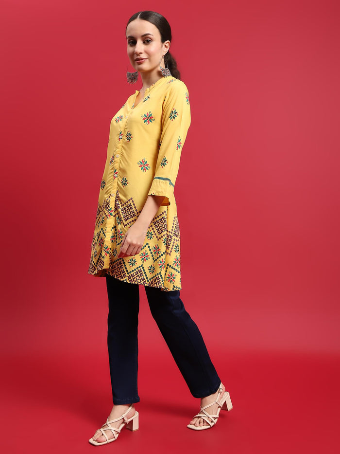 Indiessence (Buy 2 @ 499) Women Liva (Rayon) Yellow Geometric Print Tunic.