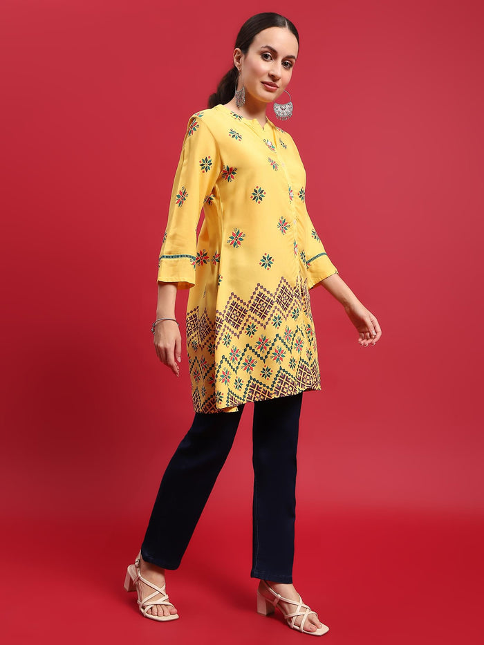 Indiessence (Buy 2 @ 499) Women Liva (Rayon) Yellow Geometric Print Tunic.
