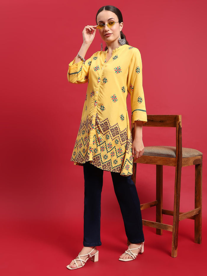 Indiessence (Buy 2 @ 499) Women Liva (Rayon) Yellow Geometric Print Tunic.