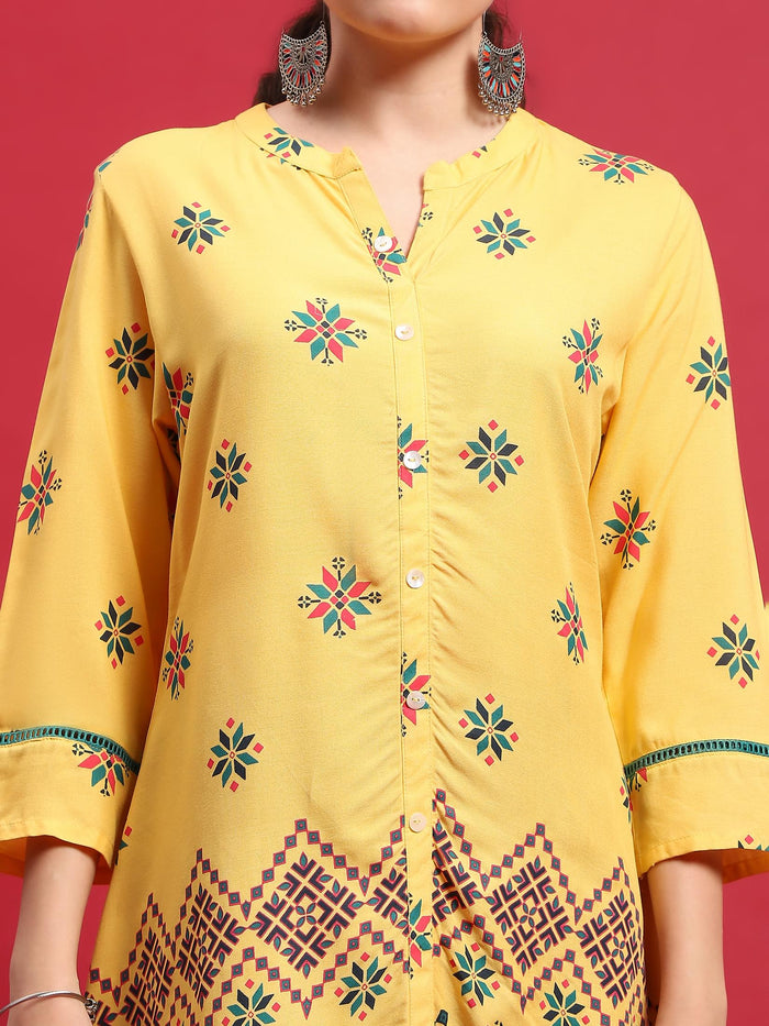 Indiessence (Buy 2 @ 499) Women Liva (Rayon) Yellow Geometric Print Tunic.