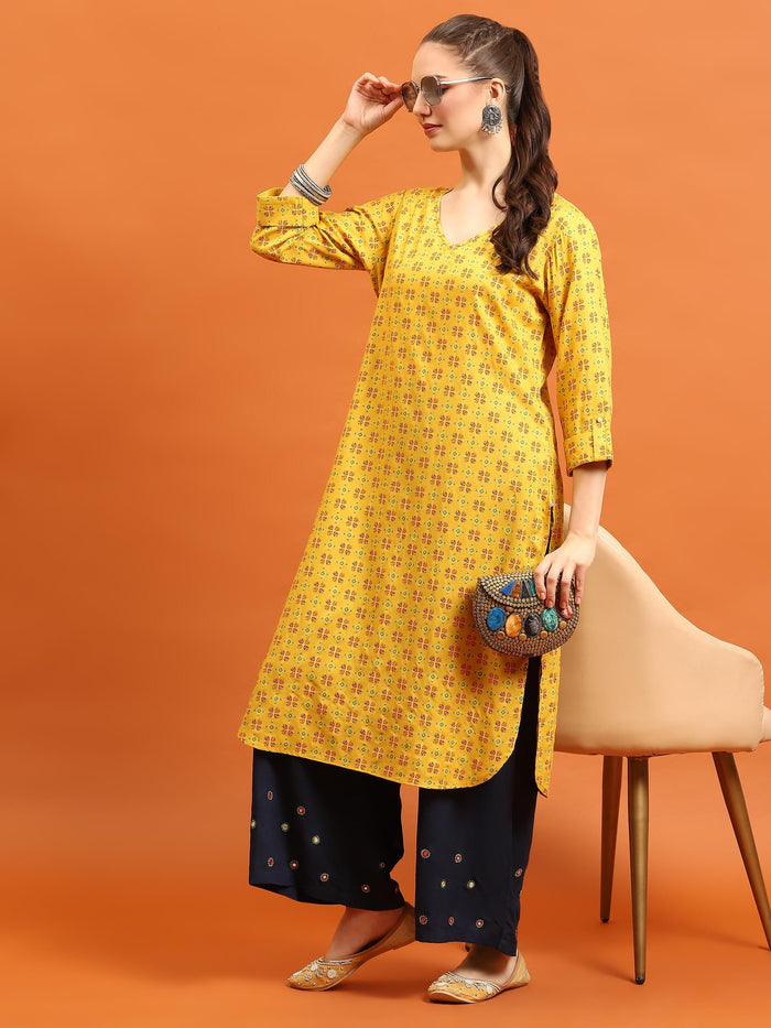 Indiessence (Buy 2 @ 499) Women Mustard Geometric Printed Kurta.