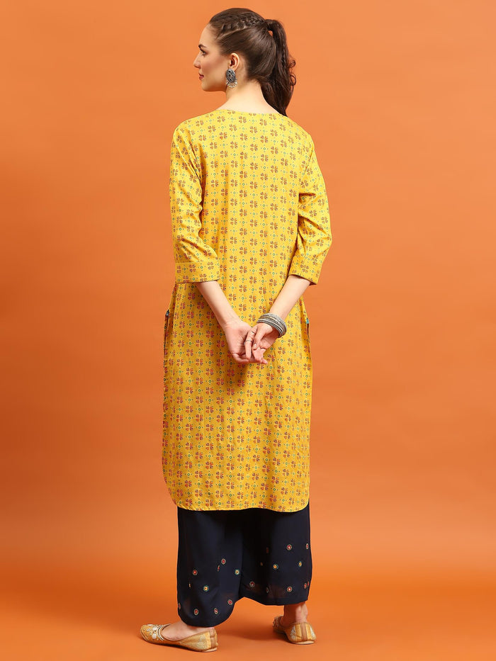Indiessence (Buy 2 @ 499) Women Mustard Geometric Printed Kurta.
