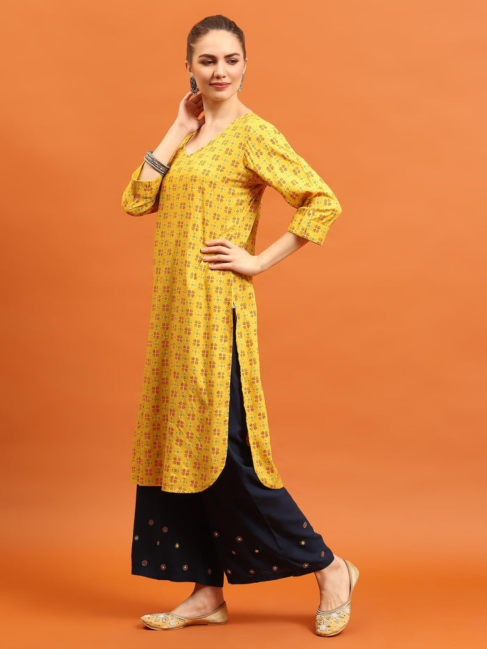 Indiessence (Buy 2 @ 499) Women Mustard Geometric Printed Kurta.