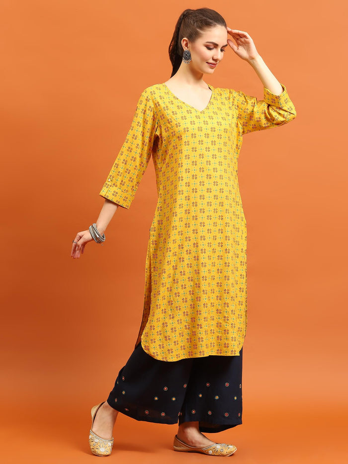 Indiessence (Buy 2 @ 499) Women Mustard Geometric Printed Kurta.